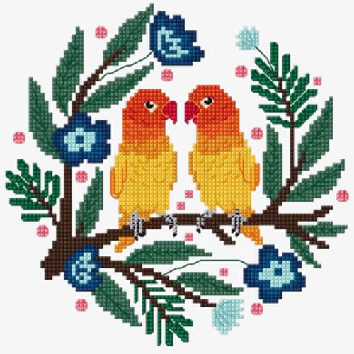 Free Cross Stitch Pattern: Adorable Lovebirds on Floral Wreath